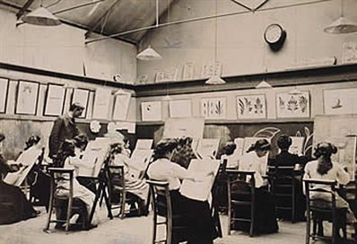 Interior of Grand Parade building with students painting on easels, 1876