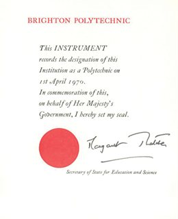 A certificate recording the formation of Brighton Polytechic, 1970s