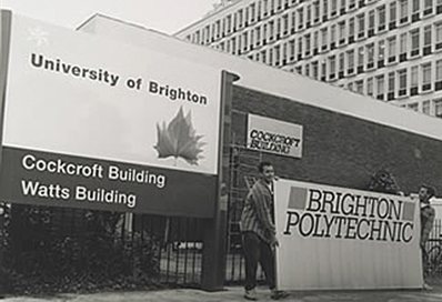 The Brighton Polytechnic sign being replaced with one for the University of Brighton, 1992