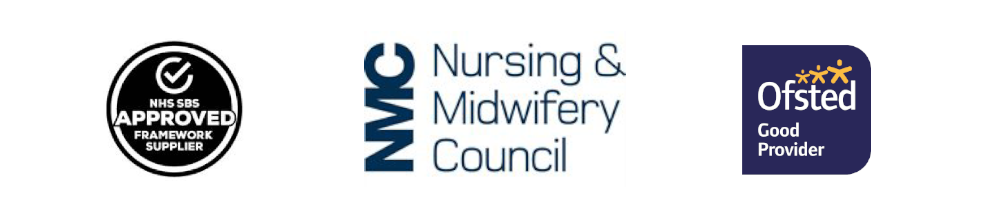 logos for NHS approved framework supplier, nursing and.midwifery council and Ofsted 'Good' provider