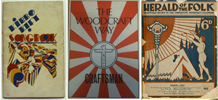 Three book covers: Kibbo Kift Songbook, The Woodcraft Way and Herald of the Folk