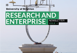 Cover of University of Brighton Research and Enterprise newsletter issue 4 shows a detail of Hove Plinth sculpture with orrery of golden Hove-related sculptures