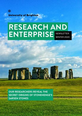 Cover page of Research and Enterprise Newsletter featuring image of Stonehenge and words Research and Enterprise