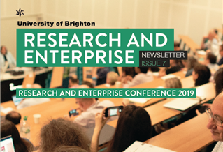 Cover of Research and Enterprise newsletter Summer 2019 shows details of audience and presenter at Research and Enterprise conference 2019