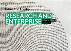University of Brighton research and enterprise newsletter front cover shows title and a detail of a Duncan Bullen breath drawing of closely patterned pencil puncture marks on paper