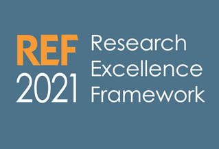 Research Excellence Framework Logo (REF) orange and white on blue