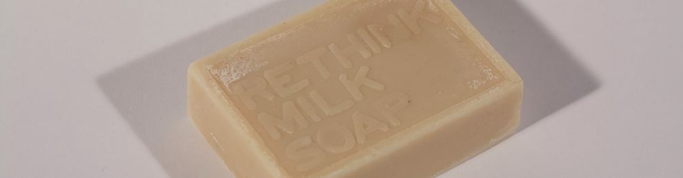 Bar of soap with words: Rethink Milk Soap
