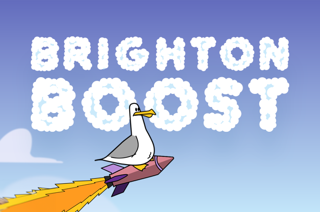 Seagull on a rocket with the words: Brighton Boost