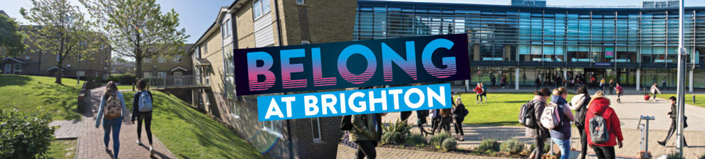 Belong at Brighton banner with students walking around at Falmer.