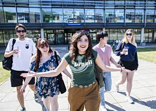 Students outside the Checkland Building entrance