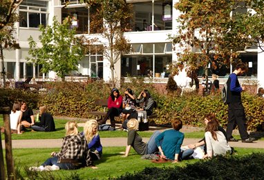 Students sitting on the grass outside the Cockcroft Building