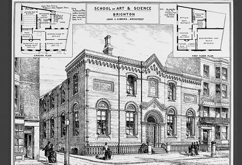 Illustration of the Arts and Science Building, with floor plans
