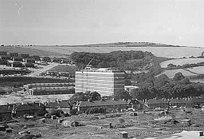 Aerial view of Moulsecoomb buildings under construction, 1960s