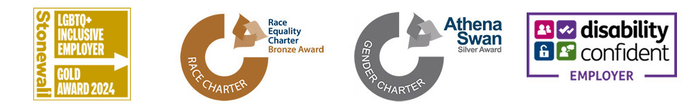 Compilation of logos: Stonewall Inclusive Employer Gold Award 2024, Bronze Race Equality Charter, Silver Athena Swan Charter, Disability Confident Employer