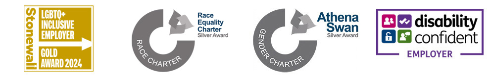 Composite image of logos: Stonewall, Race Equality, Athena Swan, Disability Confident.