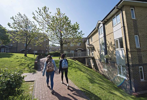 Students outside a halls of residence