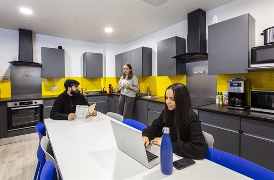 Students socialising in a kitchen in Mithras Halls