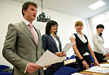 Law students giving a group presentation