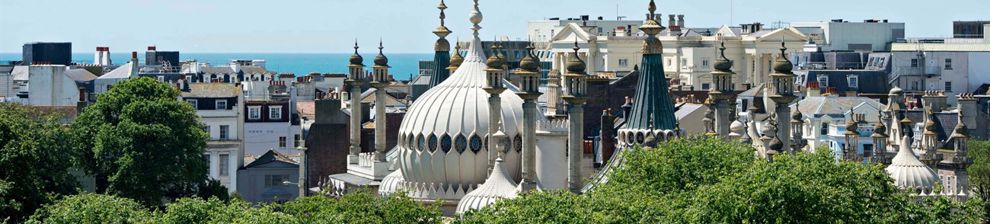 Brighton rooftops with domes of Royal Brighton Pavilion, blue sky.