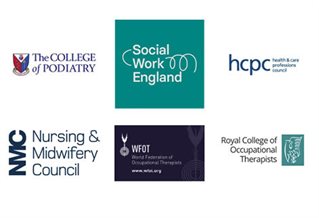 The College of Podiatry, Social Work England, Health and Care Professions Council, Nursing and Midwifery Council, Word Federation of Occupational Therapists and Royal College of Occupational Therapists accreditation logos