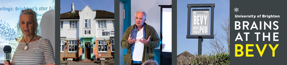 Composite photograph of expert presenters at the Bevy pub alongside images of the outsides and signpost at the Bevy. Text reads University of Brighton Brains at the Bevy.