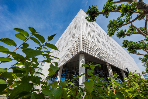 Large, white modern building surrounded by green plants and in front of a blue, cloudless sky