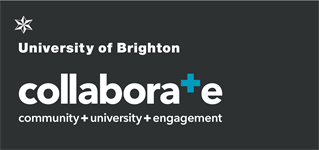 University of Brighton 'collaborate' logo, bringing community university and engagement together with a plus sign feature