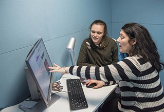 Careers adviser with student at a computer screen