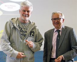 Chris Evenden Momentum Brighton Mentor of the Year 2016-17 receiving his award from Professor Chris Pole