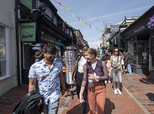 Students walking through the Laines in Brighton