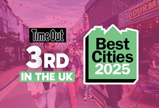 Graphic image with words Time Out 3rd in the UK for Best Cities 2025