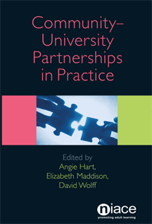 A hand putting jigsaw pieces together and the words: Community-University Partnership in Practice