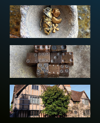 Three images showing mudlark Tudor treasures and Susanna Hall's nee Shakespeare's house