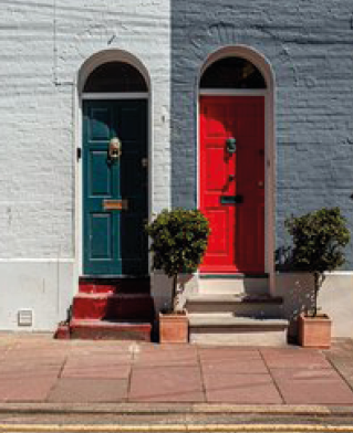 Brightly painted wooden doors in blue and red. One with renovated steps and potted shrubs