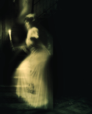 Image of Victorian female with candle against black background