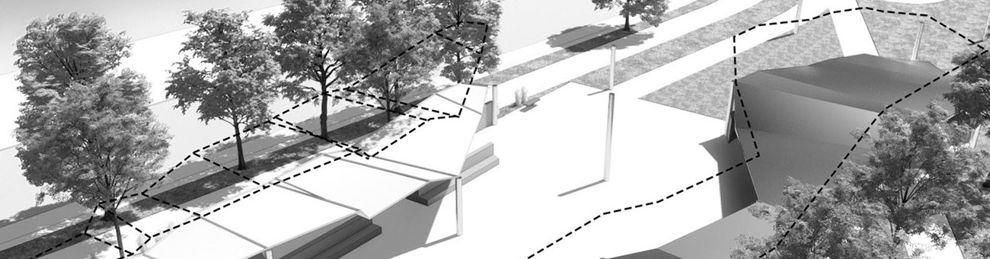 Ewan Malloch black and white architectural image of a park with shelters paths and trees