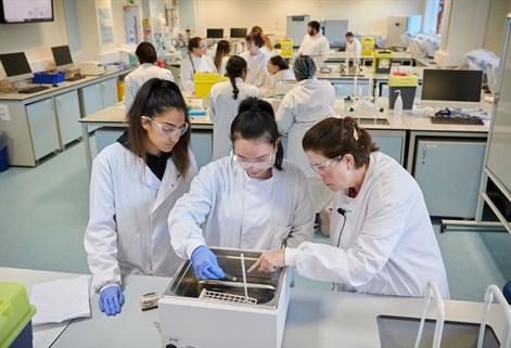 Three students working in biosciences labs
