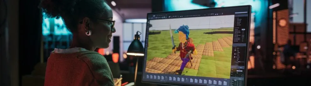 Female designer creating a video game character on PC