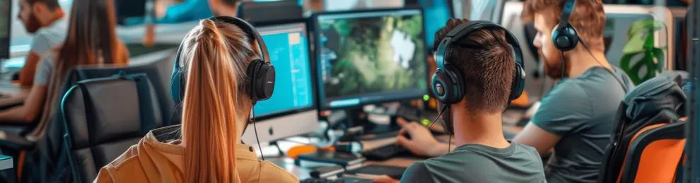 Group of students with headphones on working together creating a video game