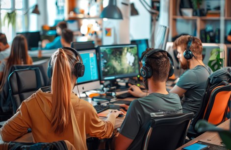 Group of students with headphones on working together creating a video game