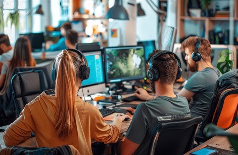 Group of students with headphones on working together creating a video game