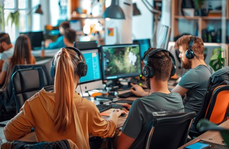 Group of students with headphones on working together creating a video game