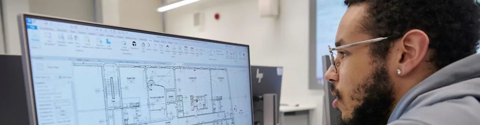 Student working on Building Information Modelling on a computer screen