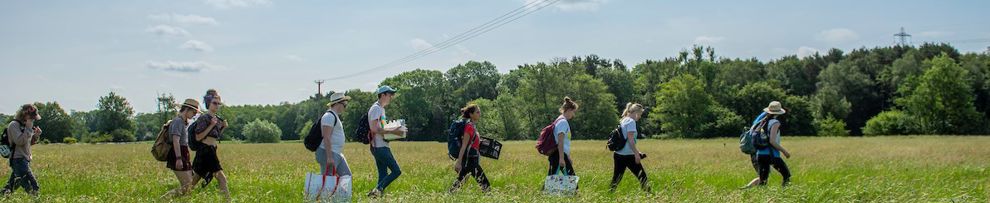 Group of students walking single file across a field