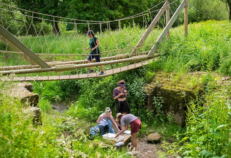 One female walking over a rope bridge with three students underneath it looking at samples