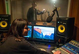 Students working in a sound recording lab