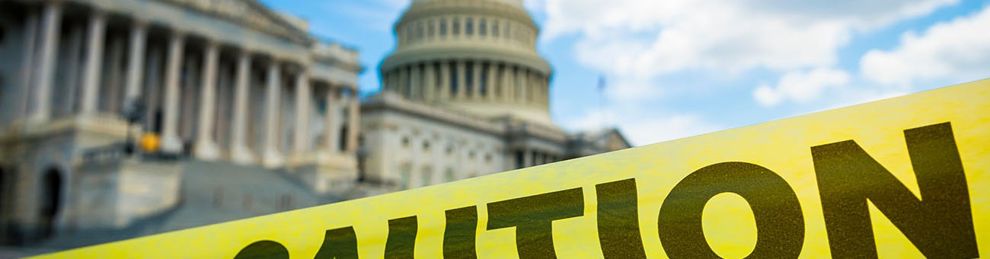 caution tape and political building