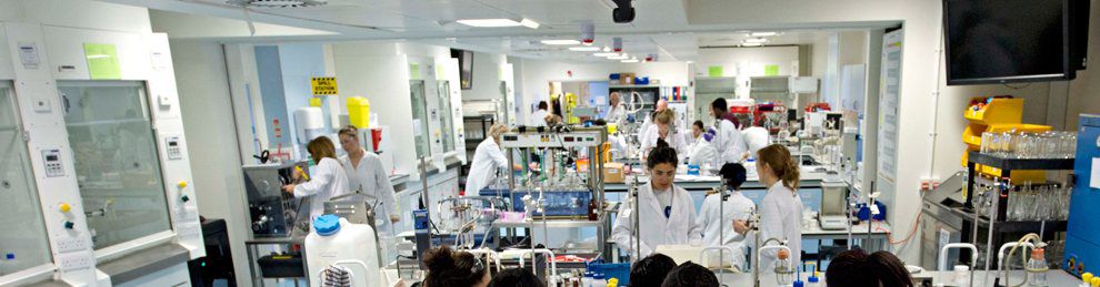 Wide view of students working on experiments in laboratory.