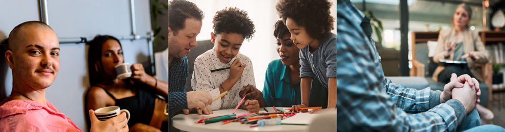 Three images: two people drinking coffee from mugs; two adults and two children gathered around a table with pens; social work consultation