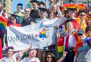 Students celebrating at a pride parade